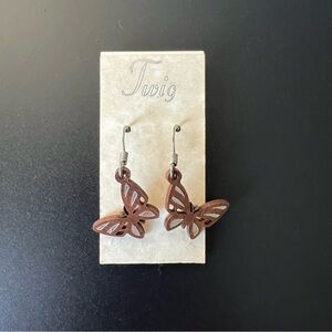 Natural Wood Butterfly Earrings with Silver Foil Inlay | 1" Drop